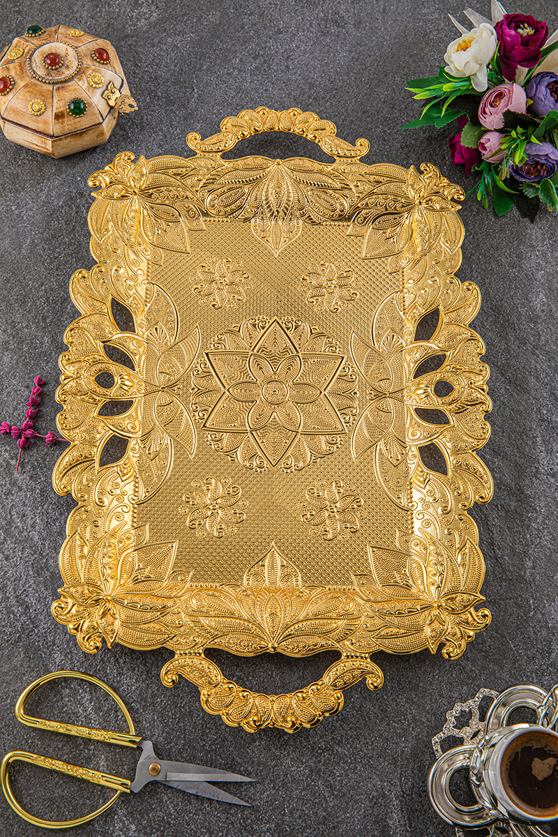 6 Lı Eda Dikdörtgen Nişan,Söz Tepsisi (30X45) Gold