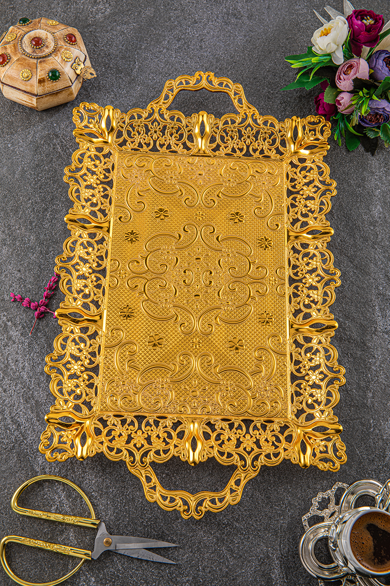 6 Kişilik Motif Dikdörtgen Sunum Tepsisi Altın