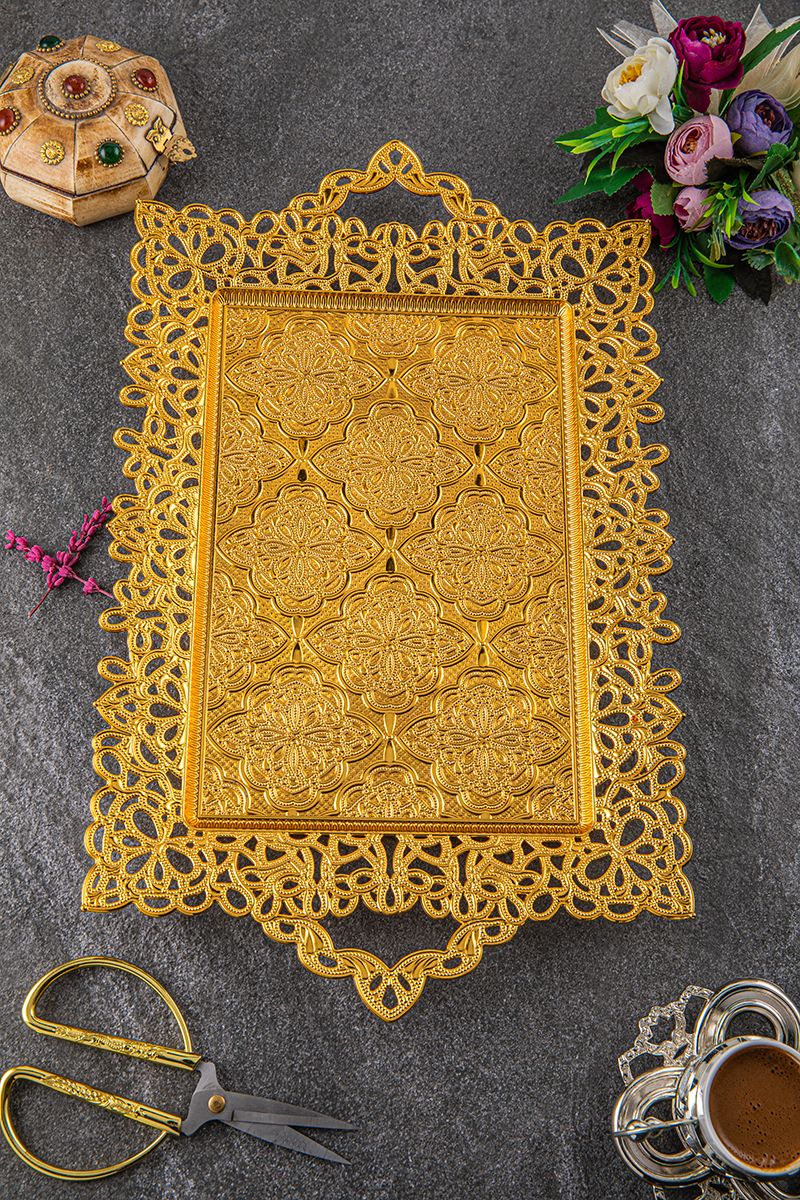 Fiyonk İşlemeli Dikdörtgen Sunum, Çeyizlik, Nişanlık, Sözlük Tepsi Altın
