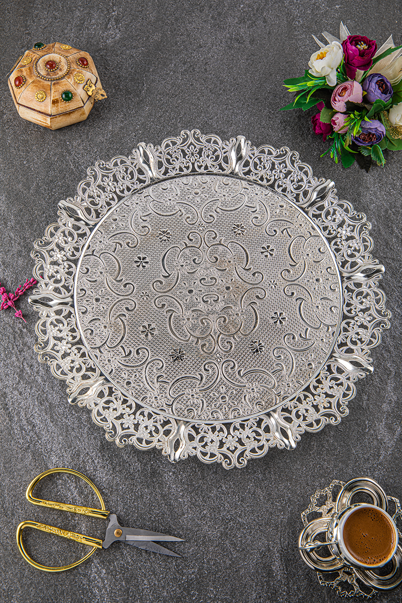 Yuvarlak İşleme Motifli Sunum Tepsi 37 Cm Nikel